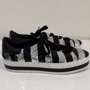 Alice + Olivia Black and Silver Striped Sneakers